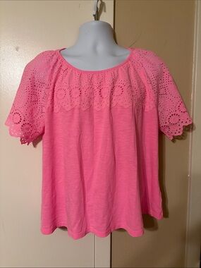 Lilly Pulitzer Coral Pink Eyelet Yoke Short Sleeve Top